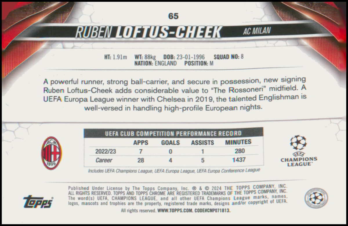 2023-24 Topps Chrome UEFA Club Comp Aqua Prism Refractor Ruben Loftus-Cheek