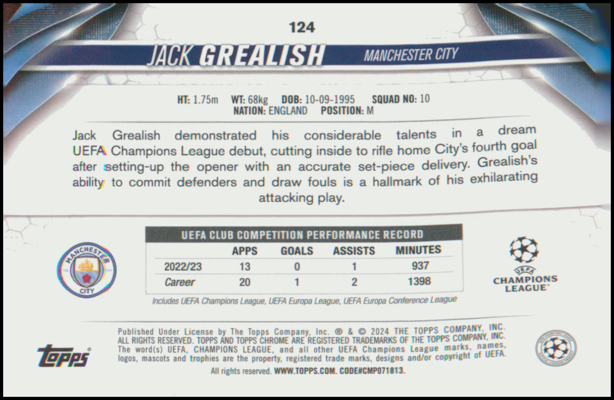 2023-24 Topps Chrome UEFA Club Comp Aqua Prism Refractor Jack Grealish
