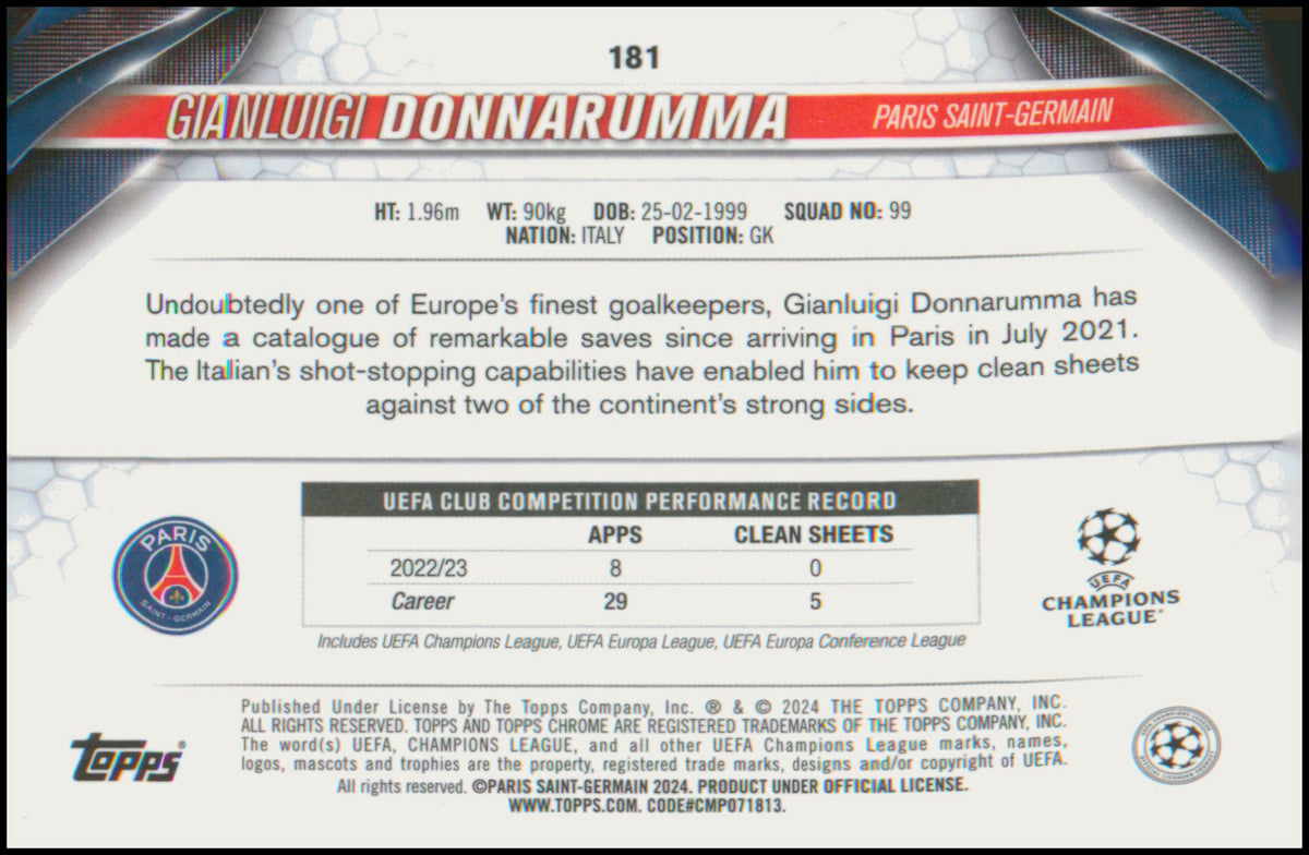 2023-24 Topps Chrome UEFA Club Comp Aqua Prism Refractor Gianluigi Donnarumma
