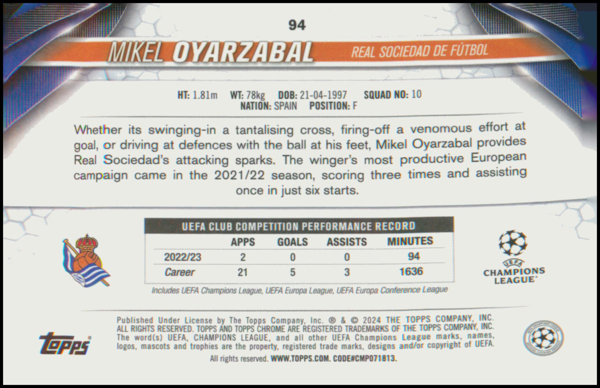 2023-24 Topps Chrome UEFA Club Competitions #94 Mikel Oyarzabal