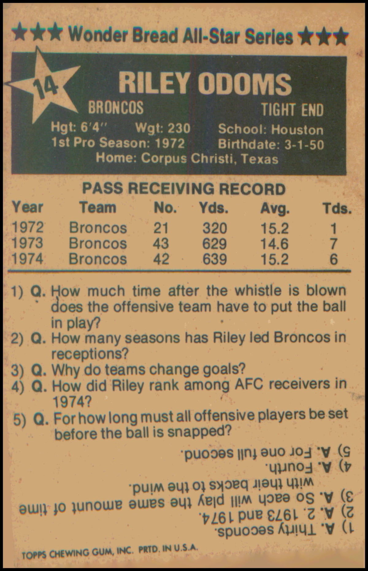 1975 Wonder Bread #14 Riley Odoms