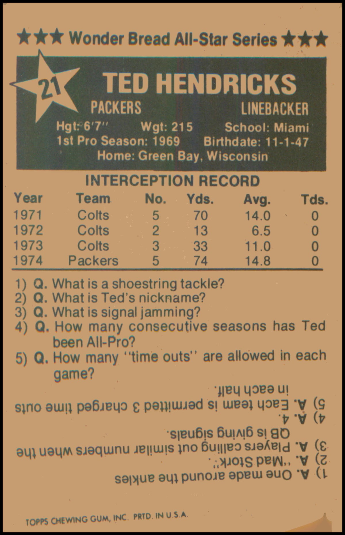 1975 Wonder Bread #21 Ted Hendricks