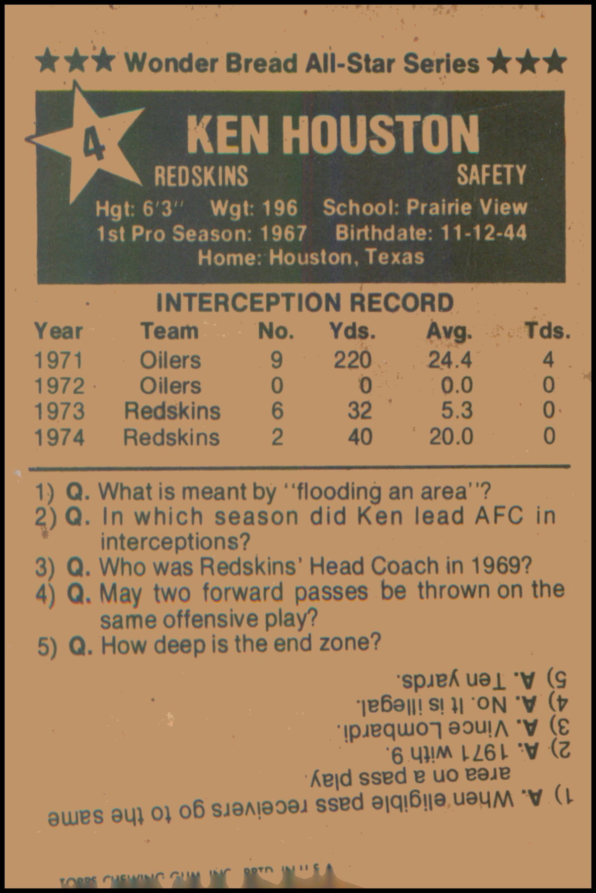 1975 Wonder Bread #4 Ken Houston