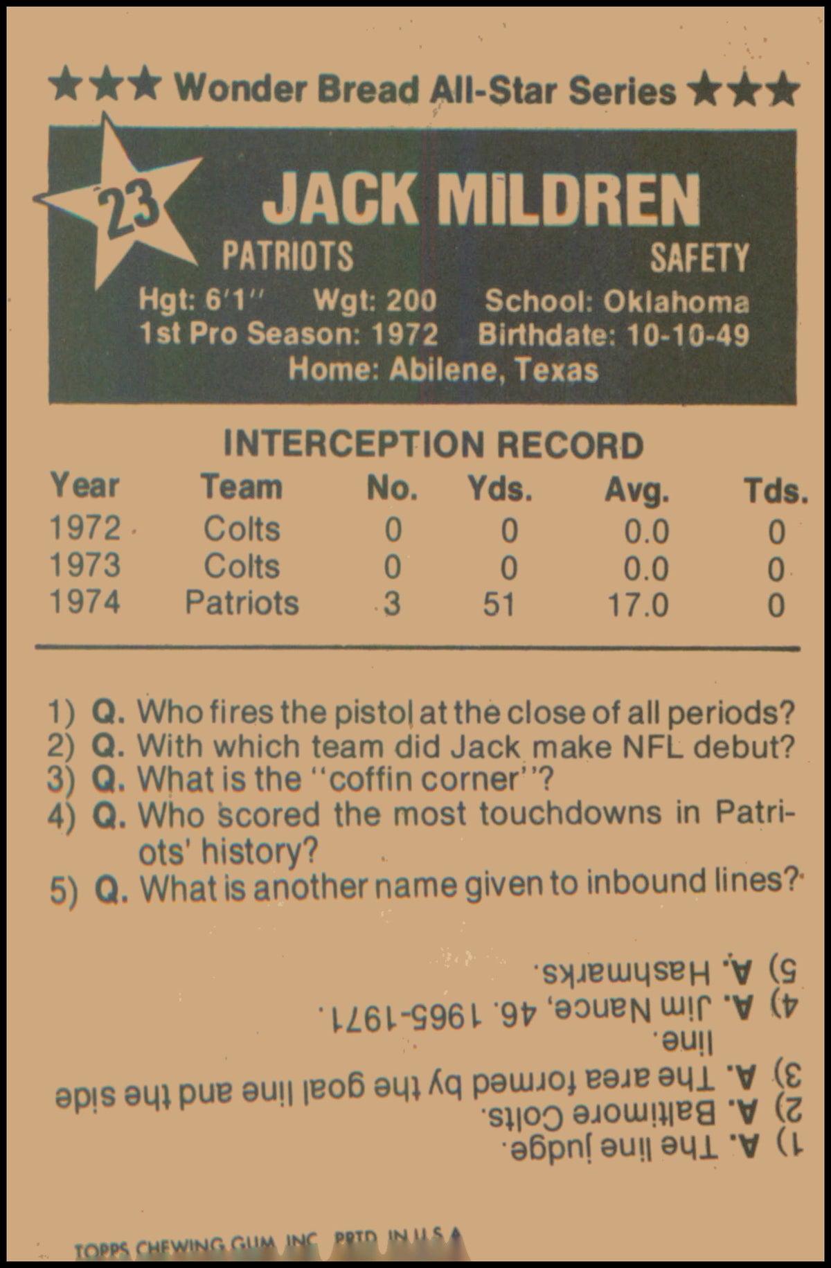 1975 Wonder Bread #23 Jack Mildren