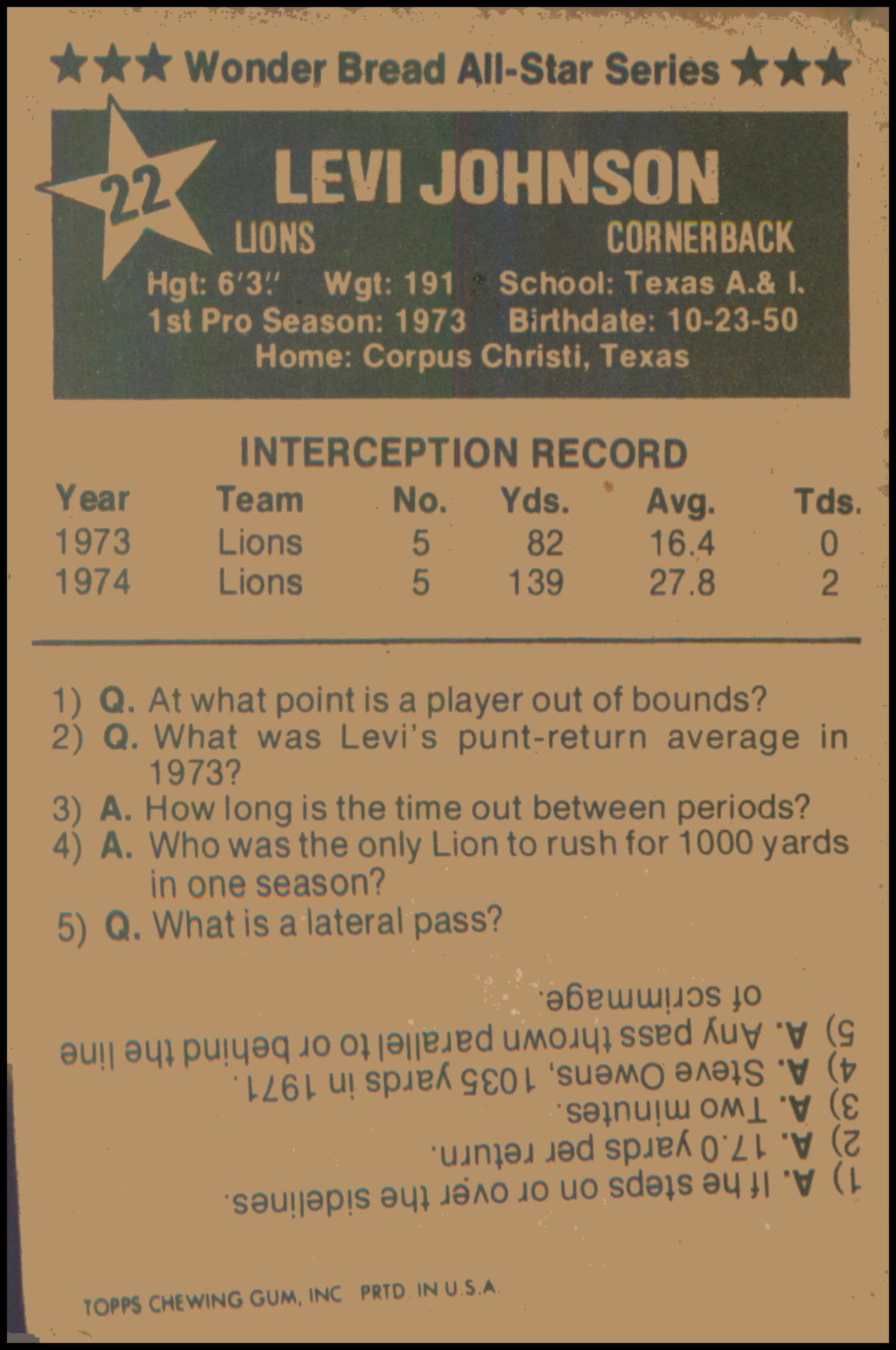 1975 Wonder Bread #22 Levi Johnson