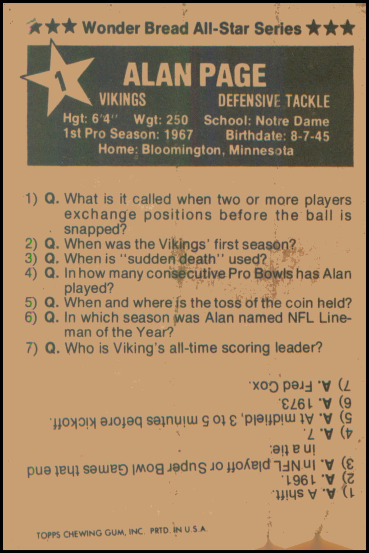 1975 Town Talk Bread #1 Alan Page