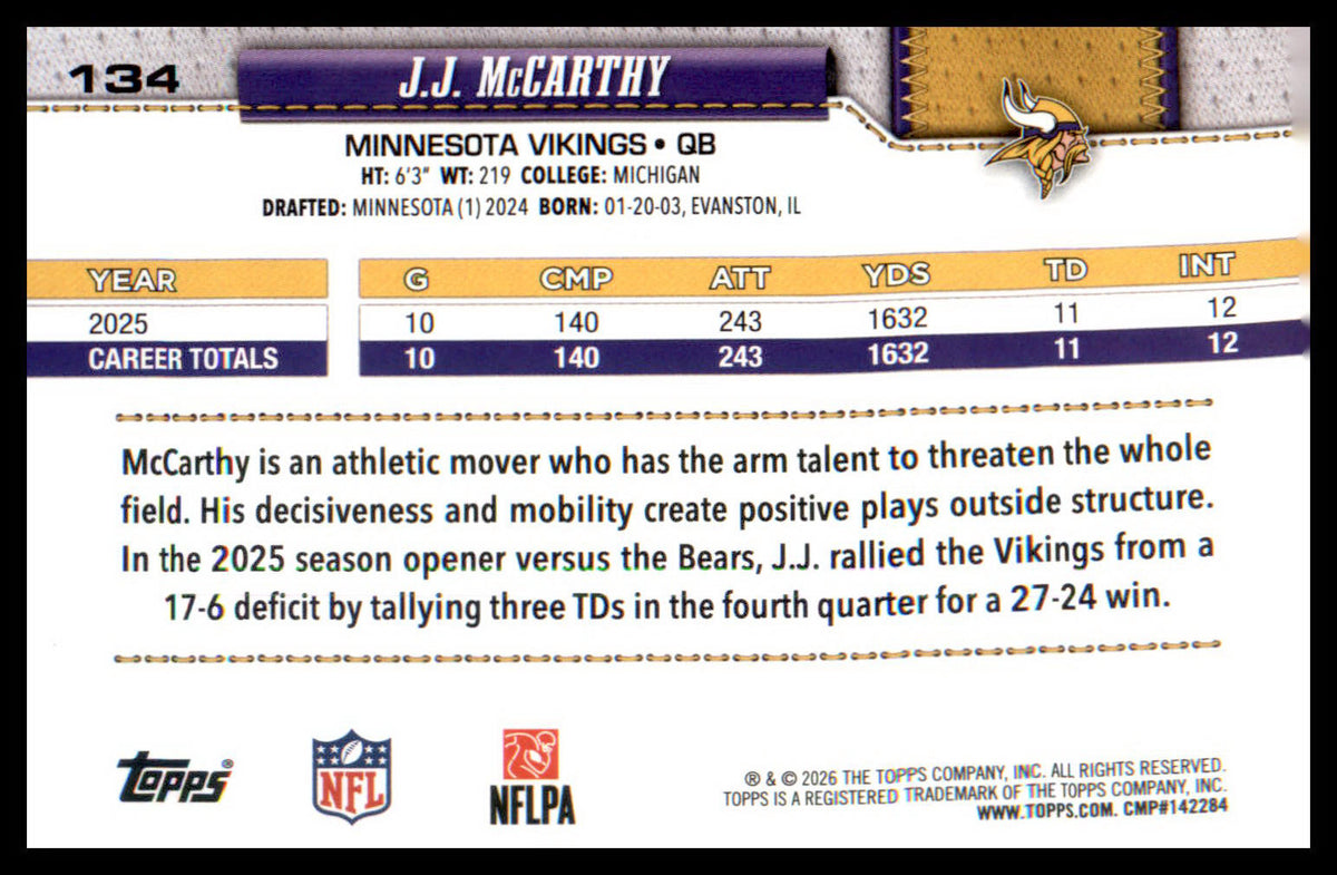 2026 Topps Flagship Rainbow Foil #134 J.J. McCarthy