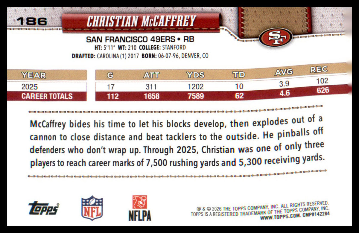 2026 Topps Flagship Silver Holo Foil #186 Christian McCaffrey