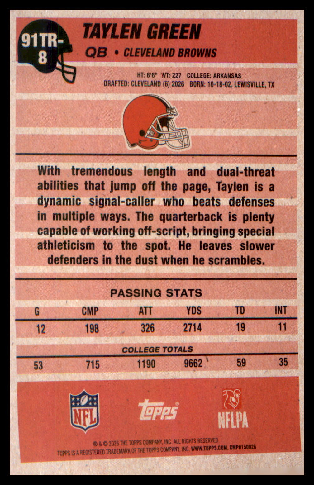 2026 Topps 1991 Topps Flagship Football Rookie Crackle Foil 91TRC-8 Taylen Green