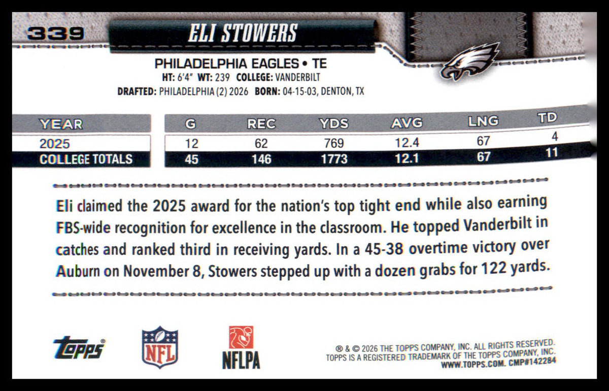 2026 Topps Flagship Football Rookies #339 Eli Stowers