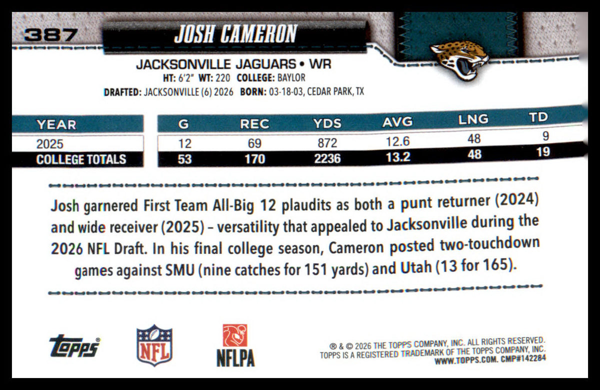 2026 Topps Flagship Football Rookies #387 Josh Cameron