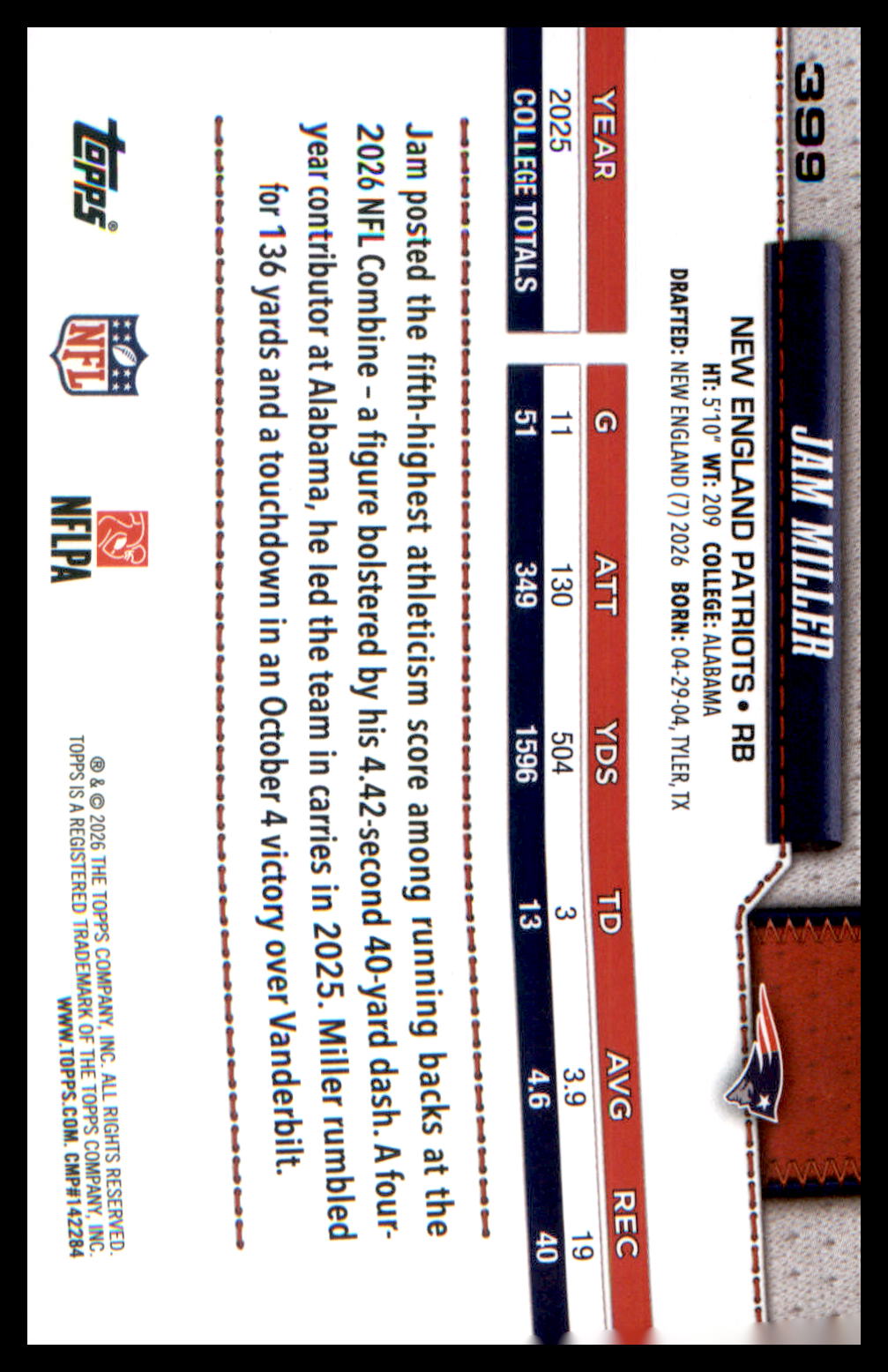 2026 Topps Flagship Football Rookies #399 Jam Miller