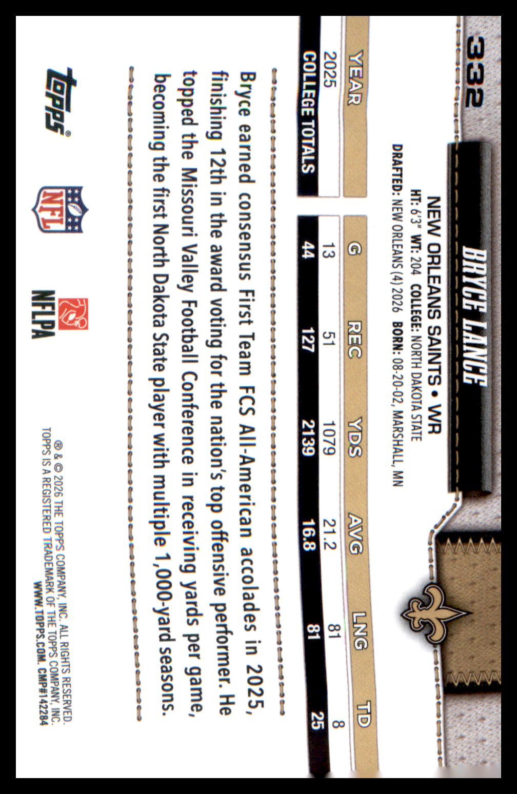 2026 Topps Flagship Football Rookies #332 Bryce Lance
