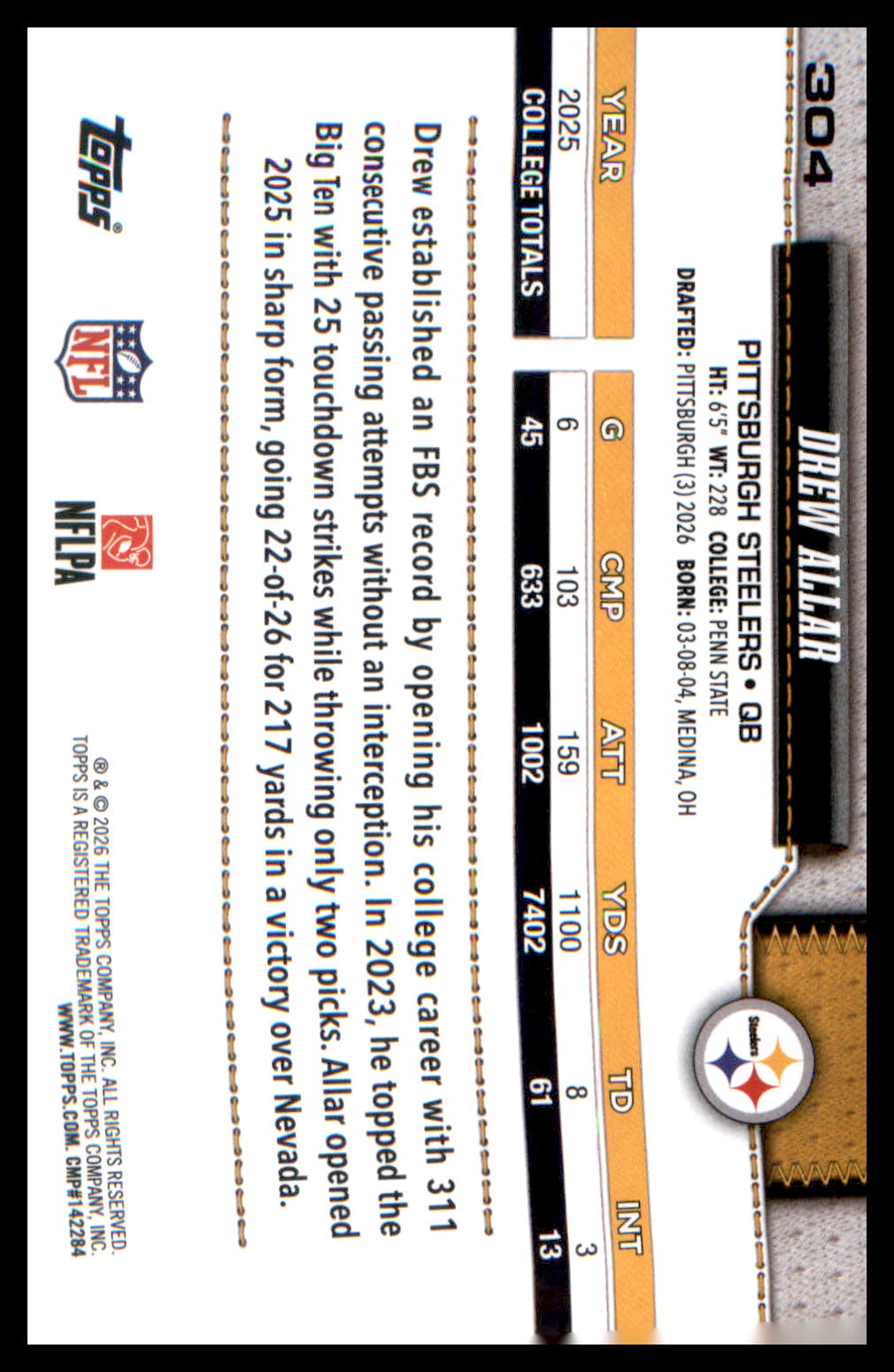 2026 Topps Flagship Football Rookies #304 Drew Allar