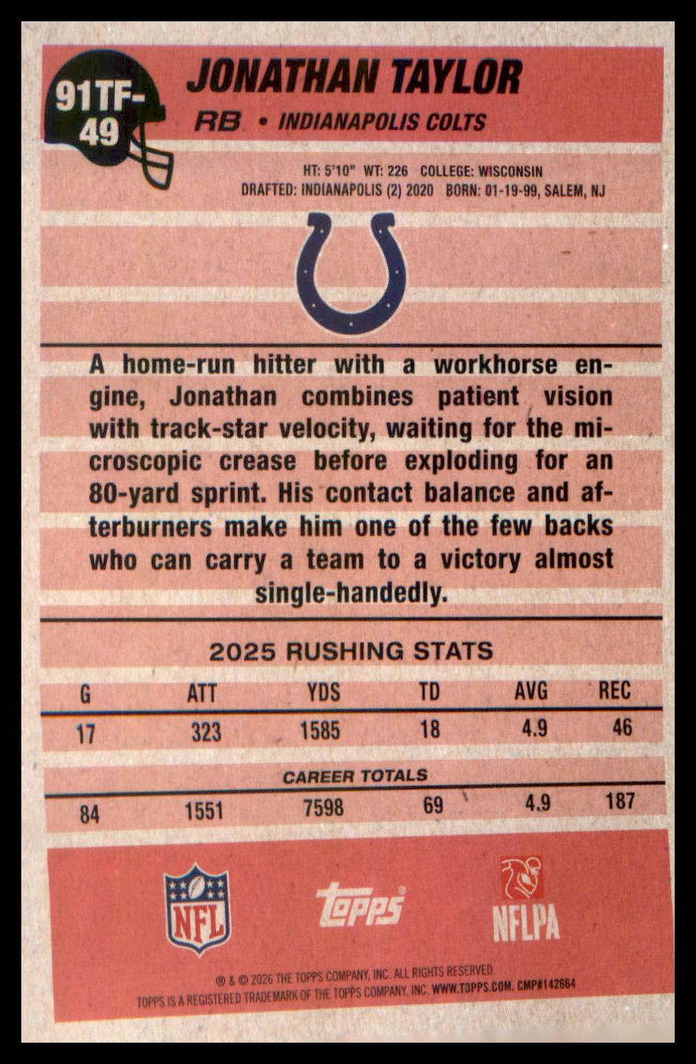 2026 Topps Flagship 1991 Topps Flagship Football #91TF-49 Jonathan Taylor