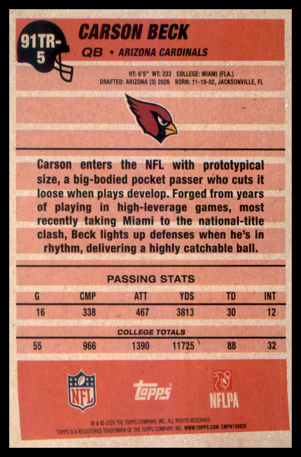 2026 Topps Flagship 1991 Topps Flagship Football Rookies #91TR-5 Carson Beck