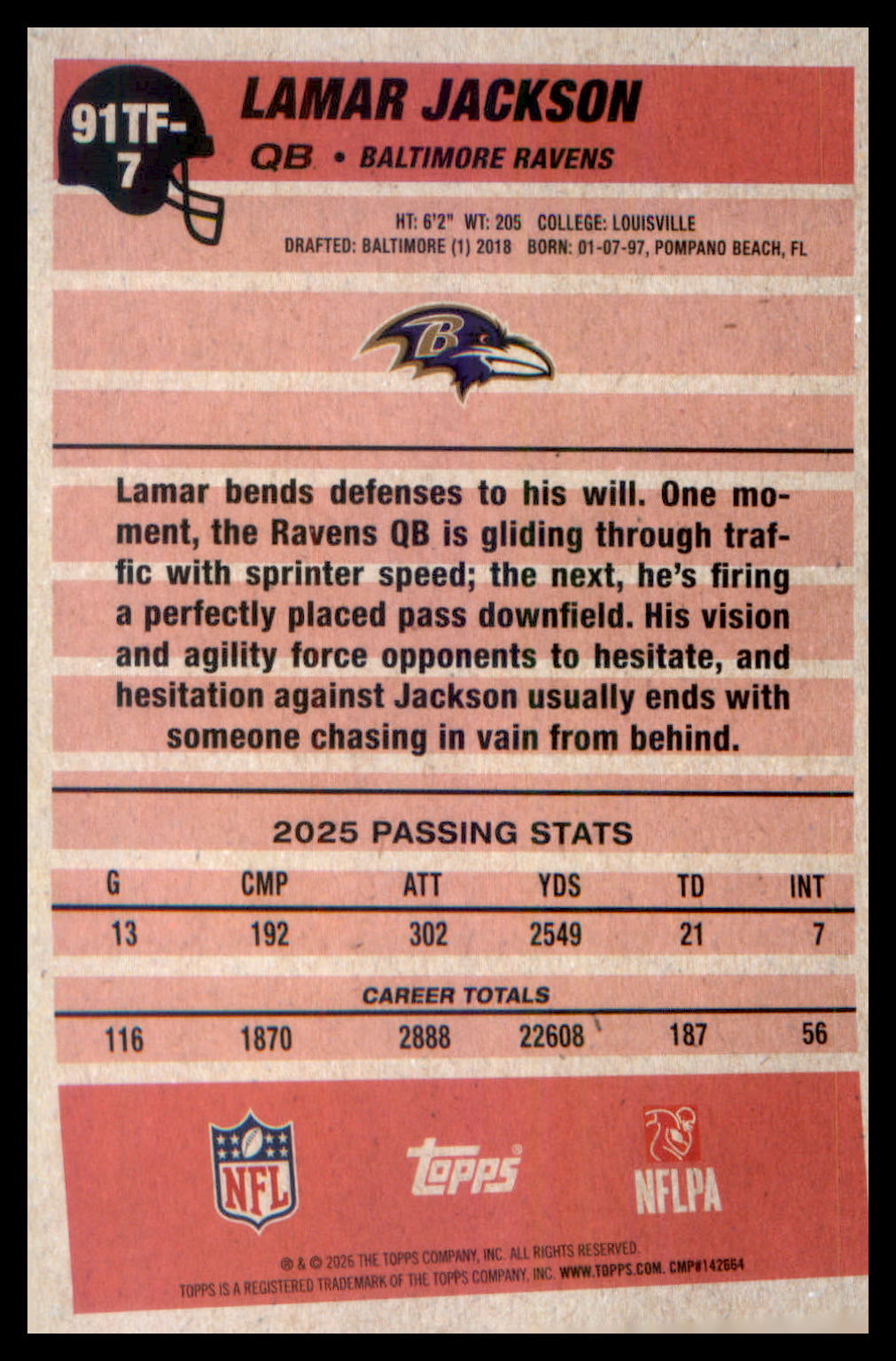 2026 Topps Flagship 1991 Topps Flagship Football #91TF-7 Lamar Jackson
