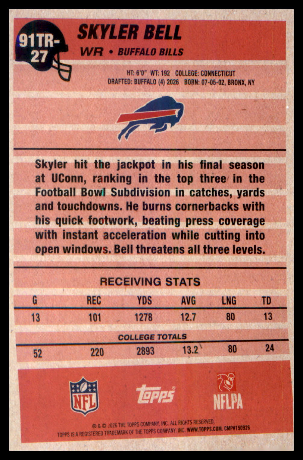 2026 Topps Flagship 1991 Topps Flagship Football Rookies #91TR-27 Skyler Bell