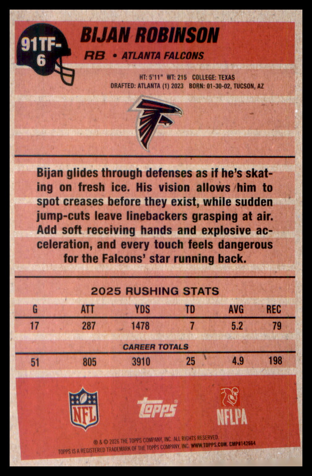 2026 Topps Flagship 1991 Topps Flagship Football #91TF-6 Bijan Robinson