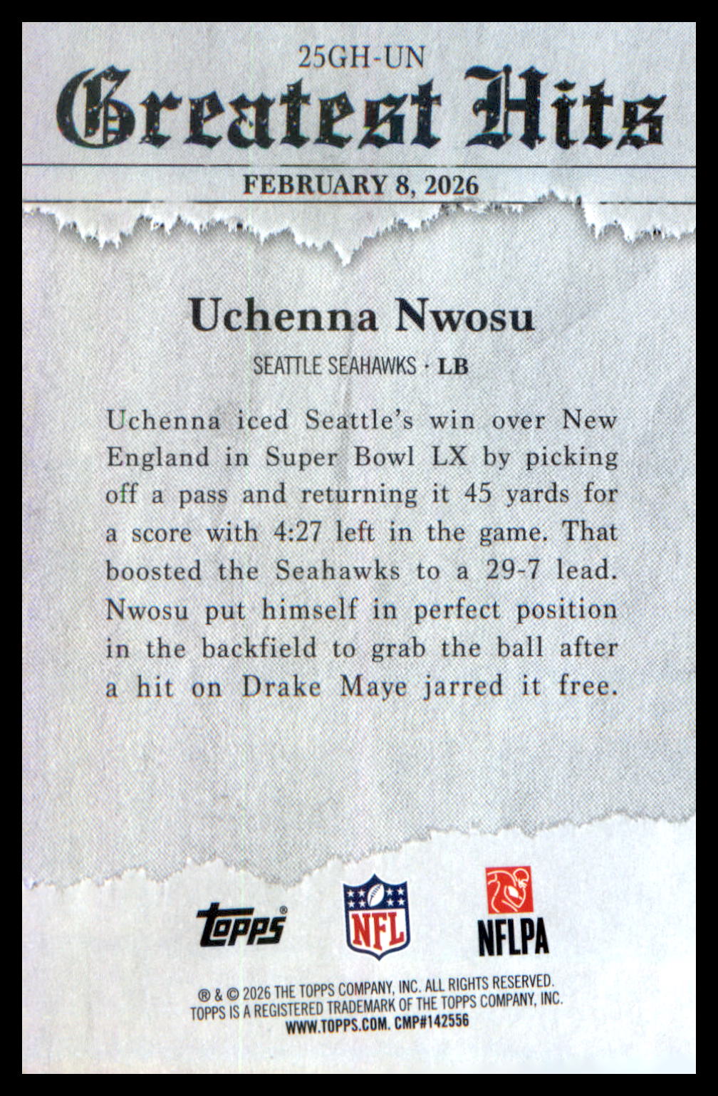 2026 Topps Flagship 2025 Greatest Hits #25GH-UN Uchenna Nwosu