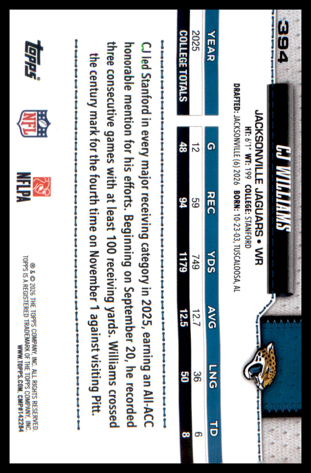 2026 Topps Flagship Football Football Border Rainbow Foil #394 CJ Williams