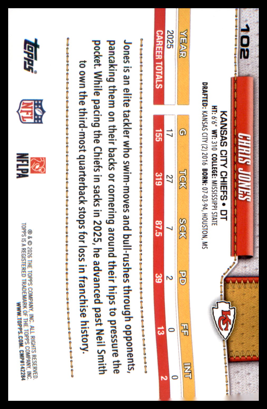 2026 Topps Flagship Football Rainbow Foil Football Border #102 Chris Jones
