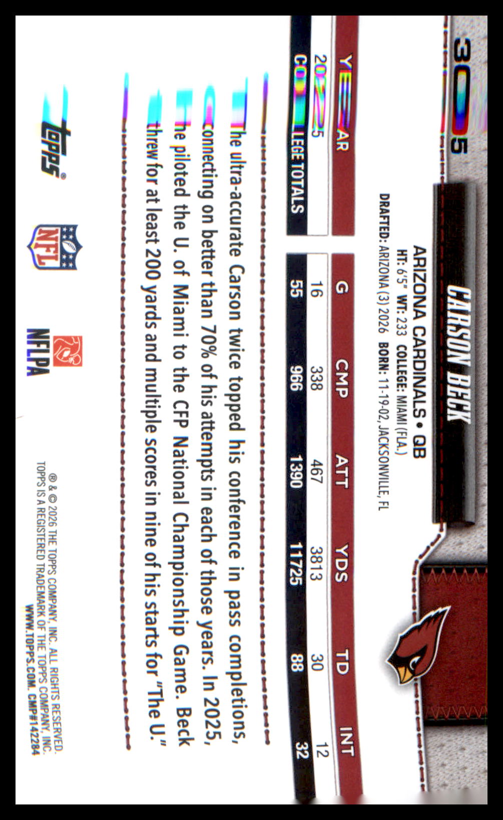 2026 Topps Flagship #305 Carson Beck