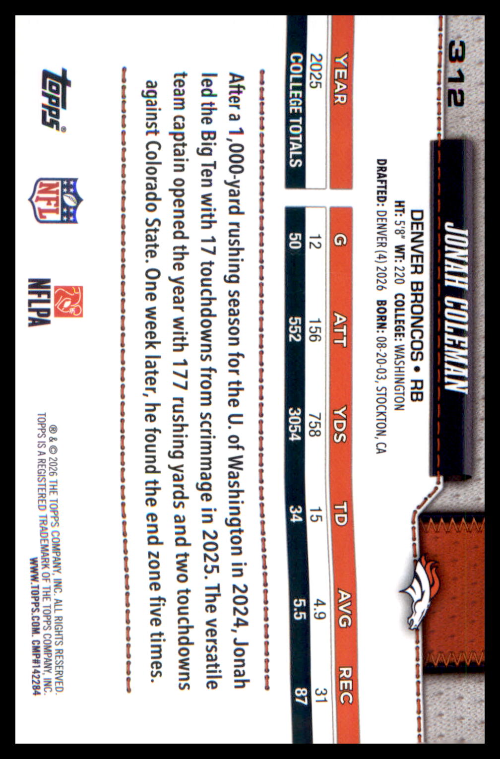2026 Topps Flagship #312 Jonah Coleman