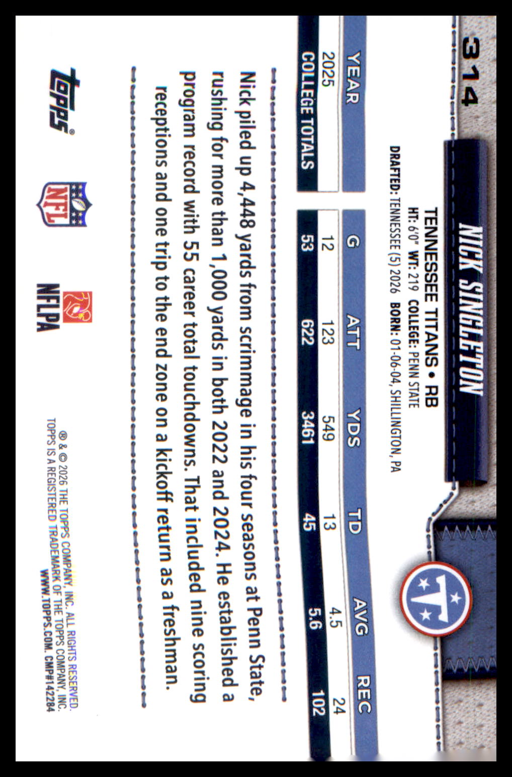 2026 Topps Flagship #314 Nick Singleton