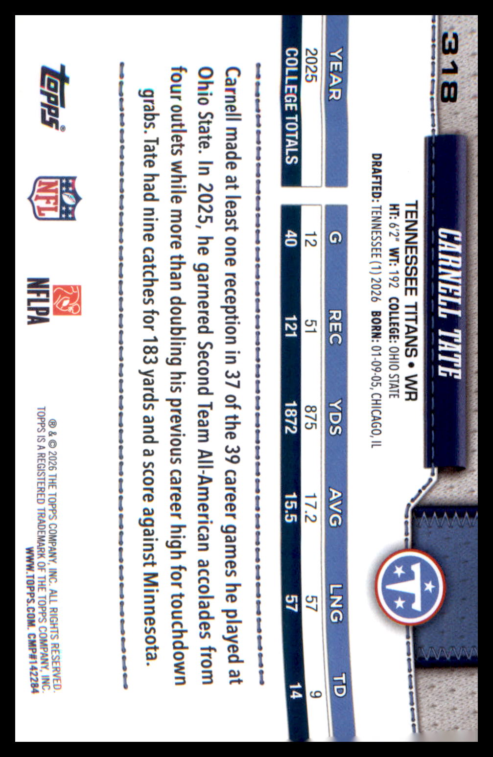 2026 Topps Flagship #318 Carnell Tate