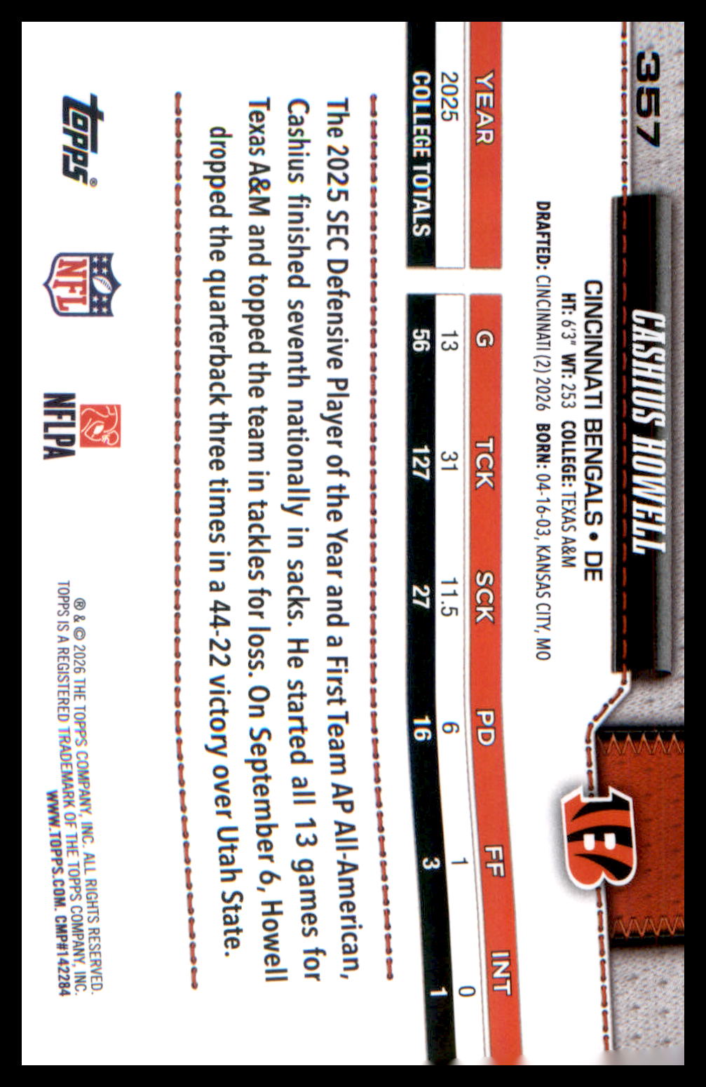 2026 Topps Flagship Football Rookie Card #357 Cashius Howell