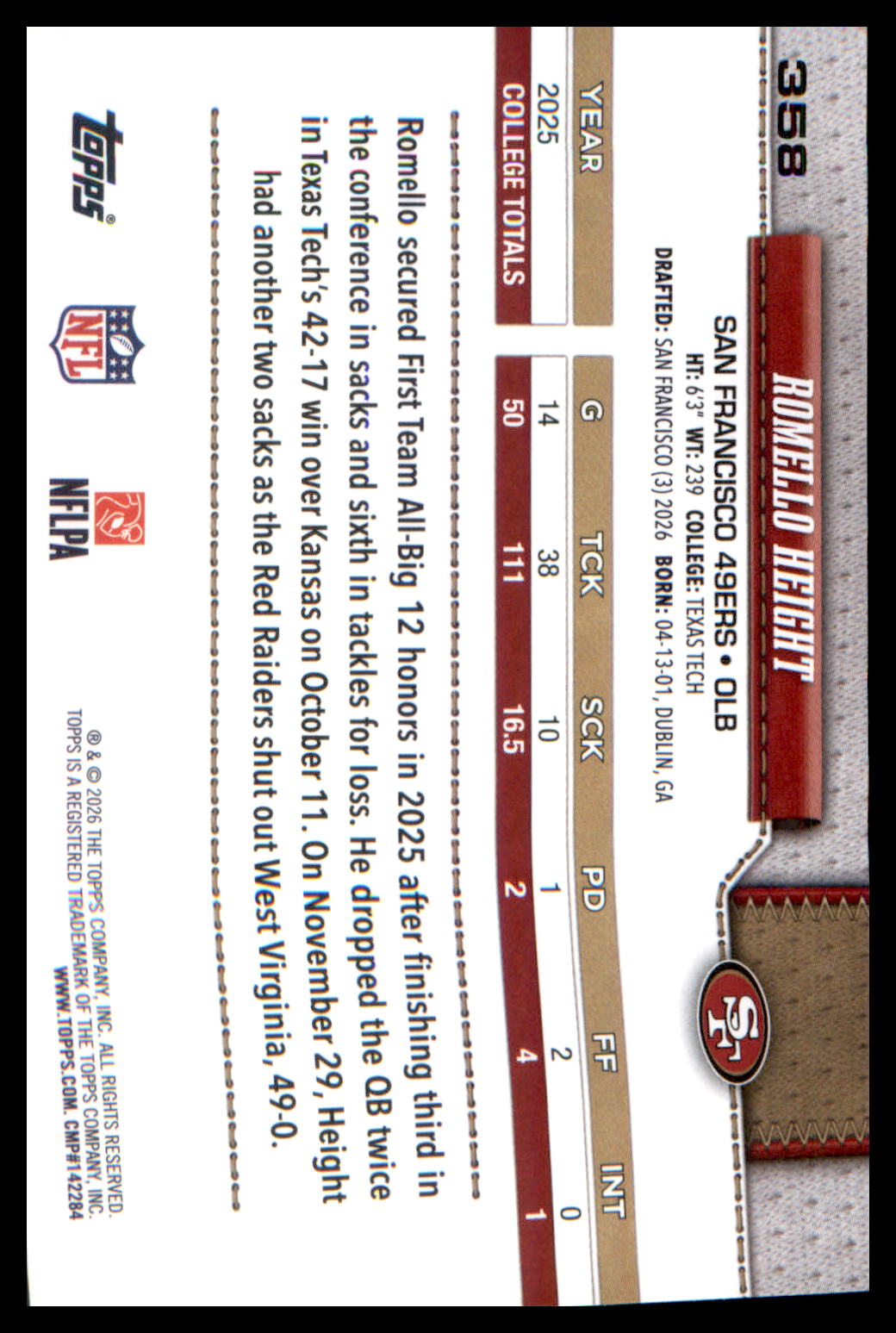 2026 Topps Flagship Rookie Card #358 Romello Height