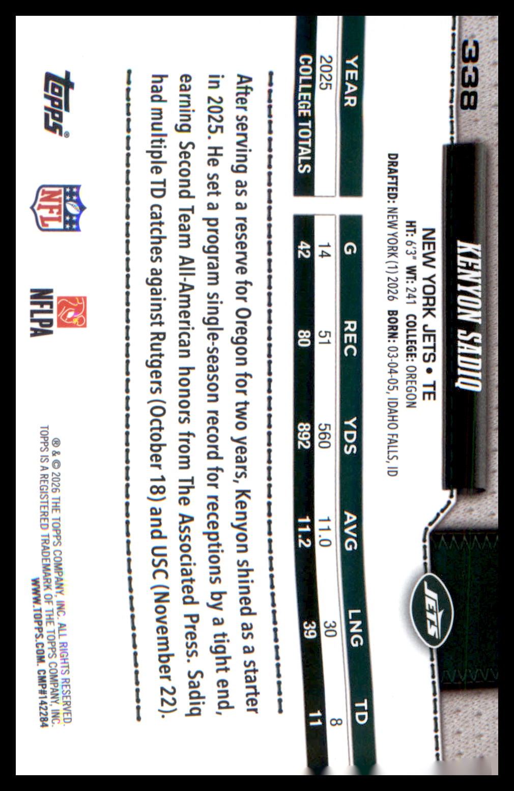 2026 Topps Flagship Rookie Card #338 Kenyon Sadiq