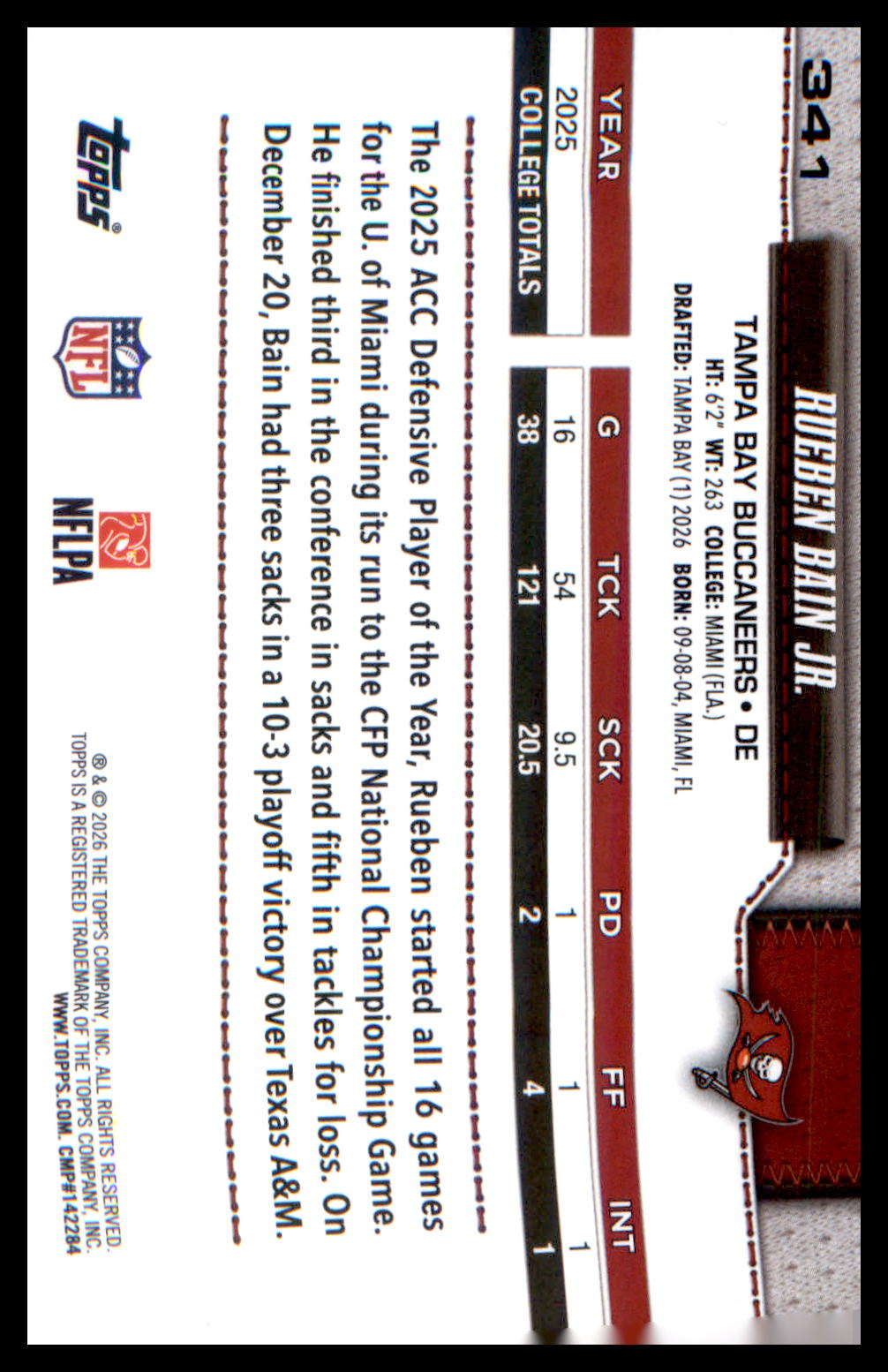 2026 Topps Flagship Rookie Card #341 Rueben Bain Jr.