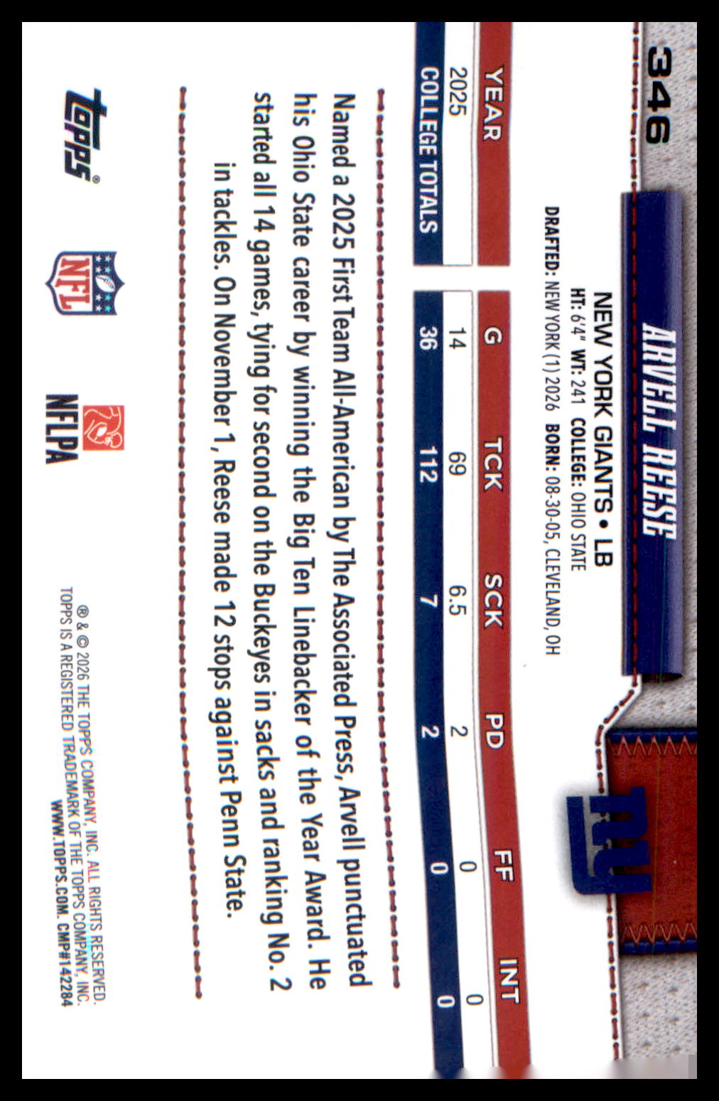 2026 Topps Flagship Rookie Card #346 Arvell Reese