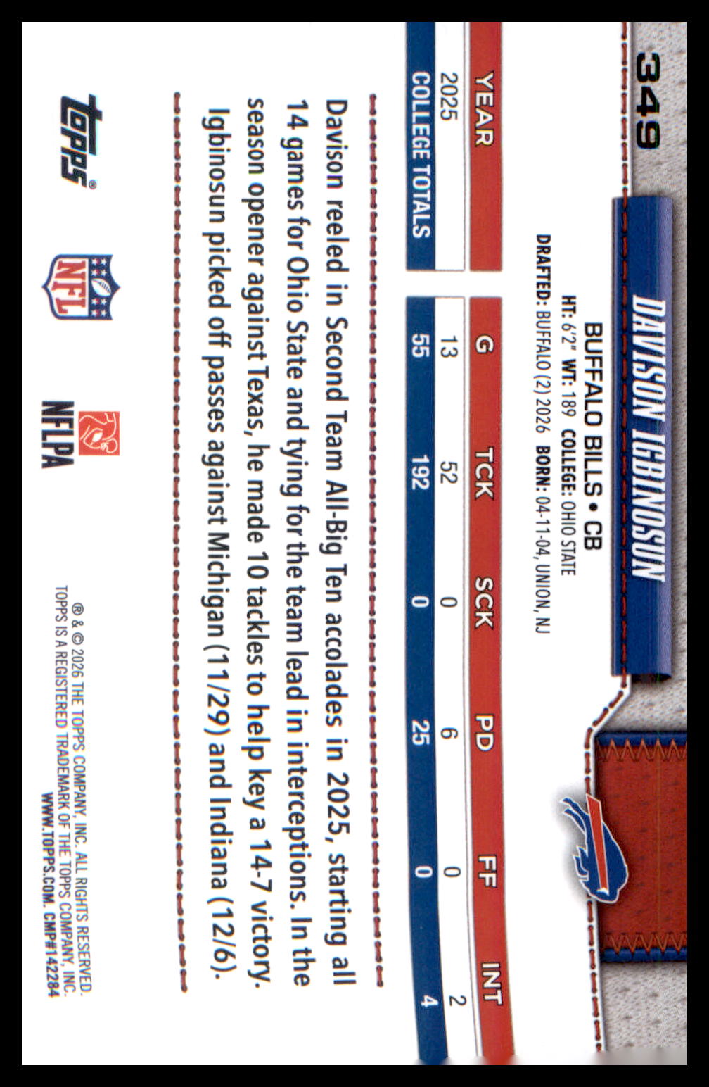 2026 Topps Flagship Rookie Card #349 Davison Igbinosun