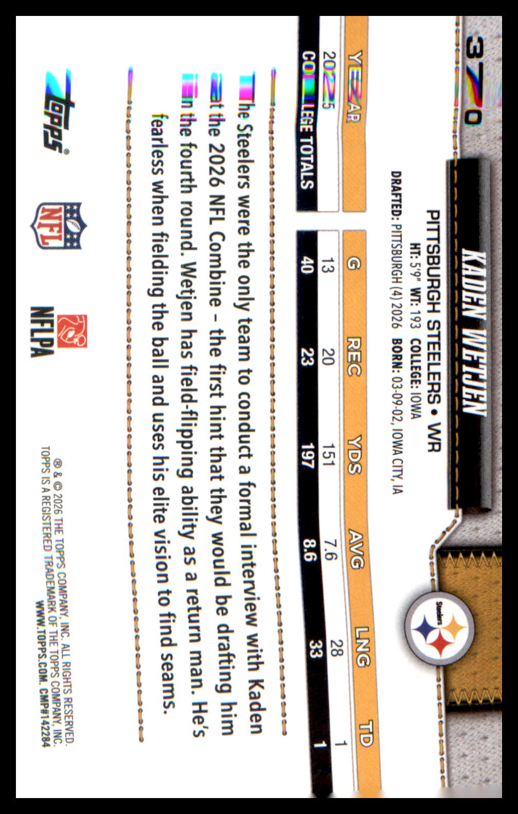 2026 Topps Flagship Rookie Card #370 Kaden Wetjen