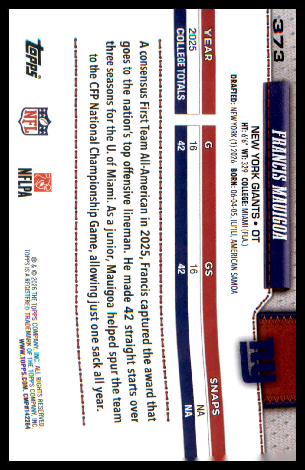 2026 Topps Flagship Rookie Card #373 Francis Mauigoa