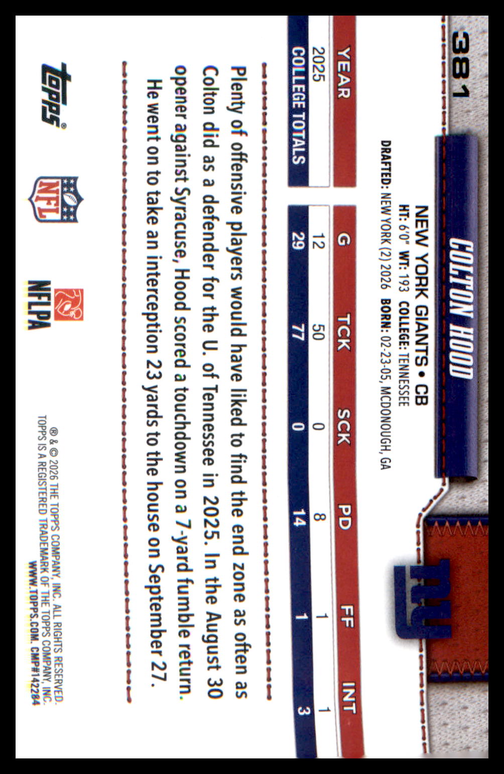 2026 Topps Flagship Football Rookie Card # Colton Hood
