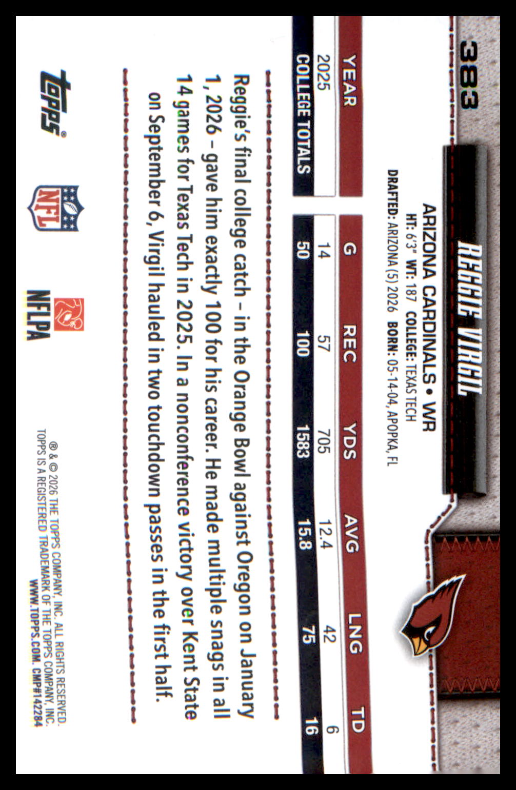 2026 Topps Flagship Rookie Card #383 Reggie Virgil