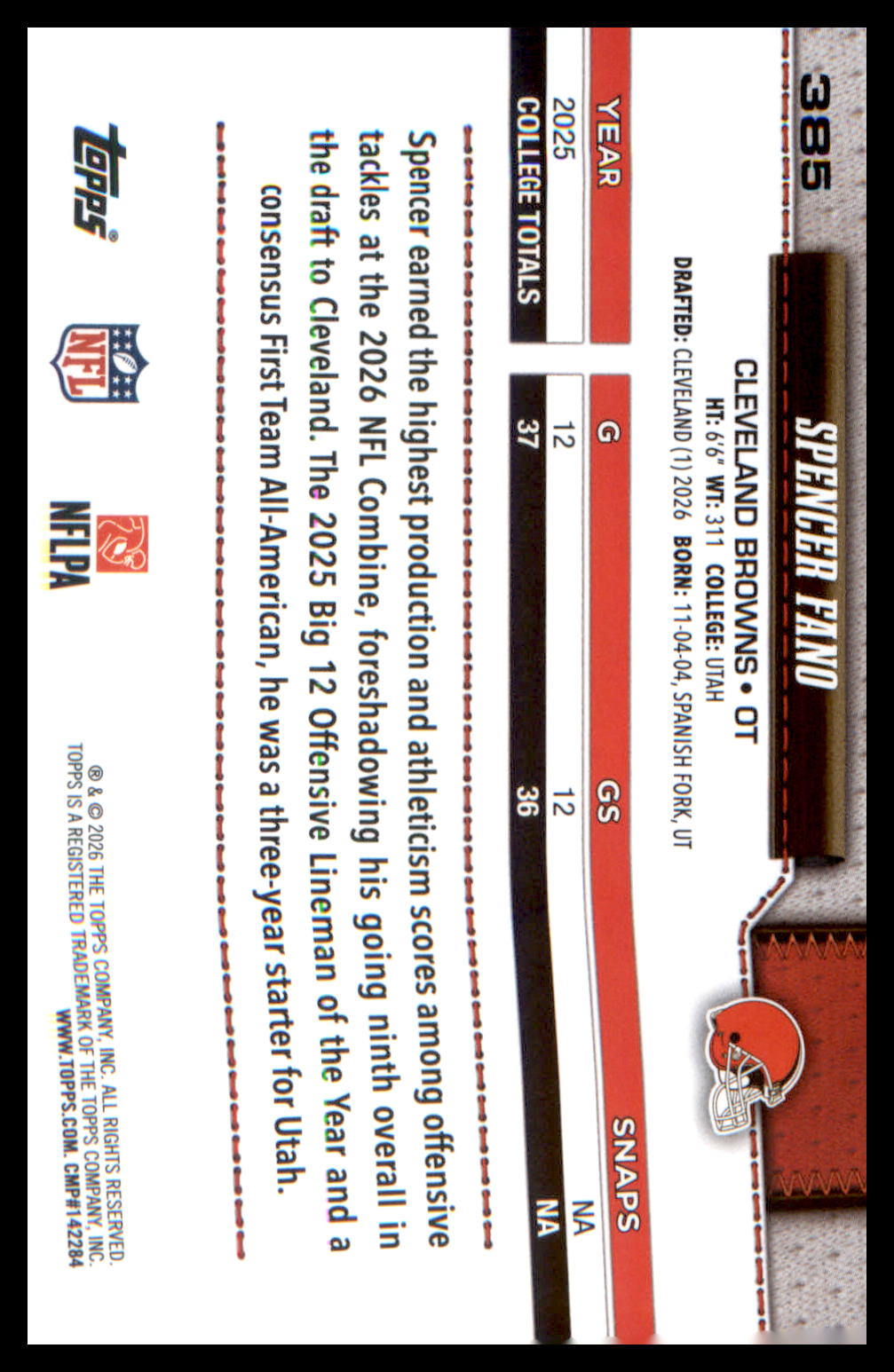 2026 Topps Flagship Rookie Card #385 Spencer Fano
