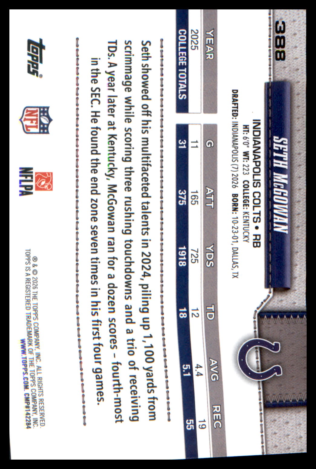 2026 Topps Flagship Football Rookie Card # Seth McGowan