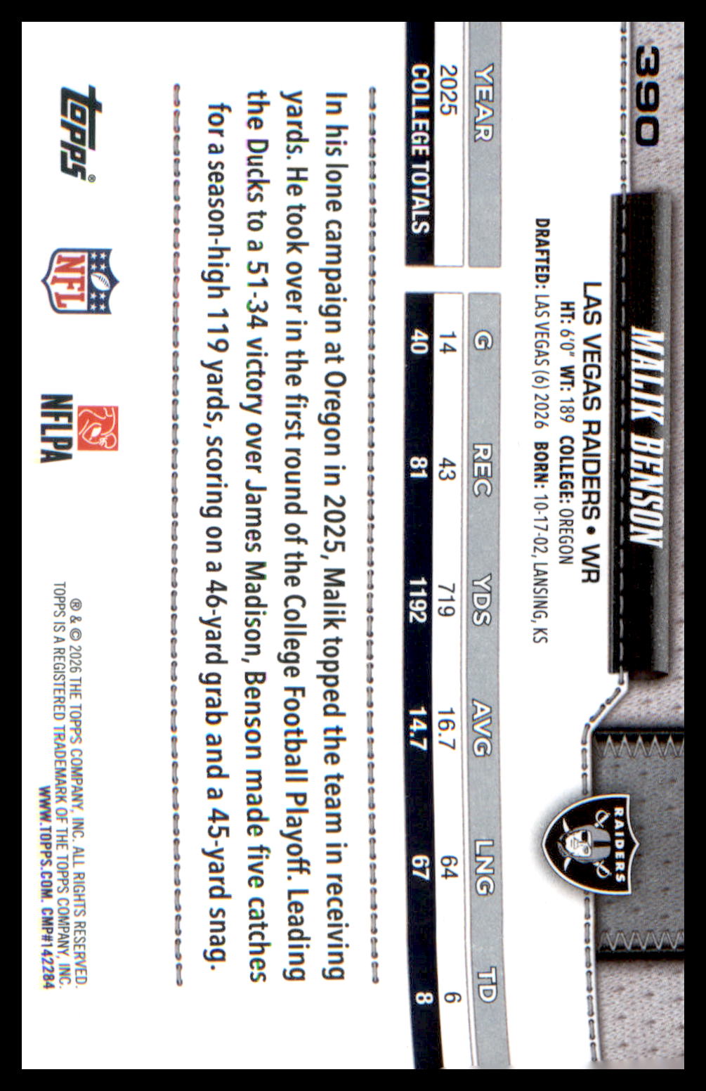 2026 Topps Flagship Football Rookie Card #390 Malik Benson