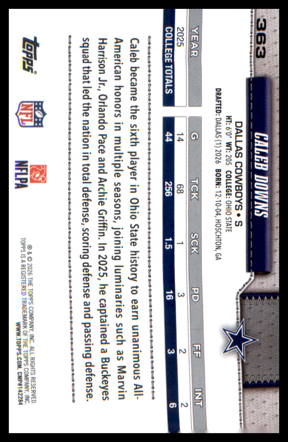 2026 Topps Flagship Rookie Card #363 Caleb Downs