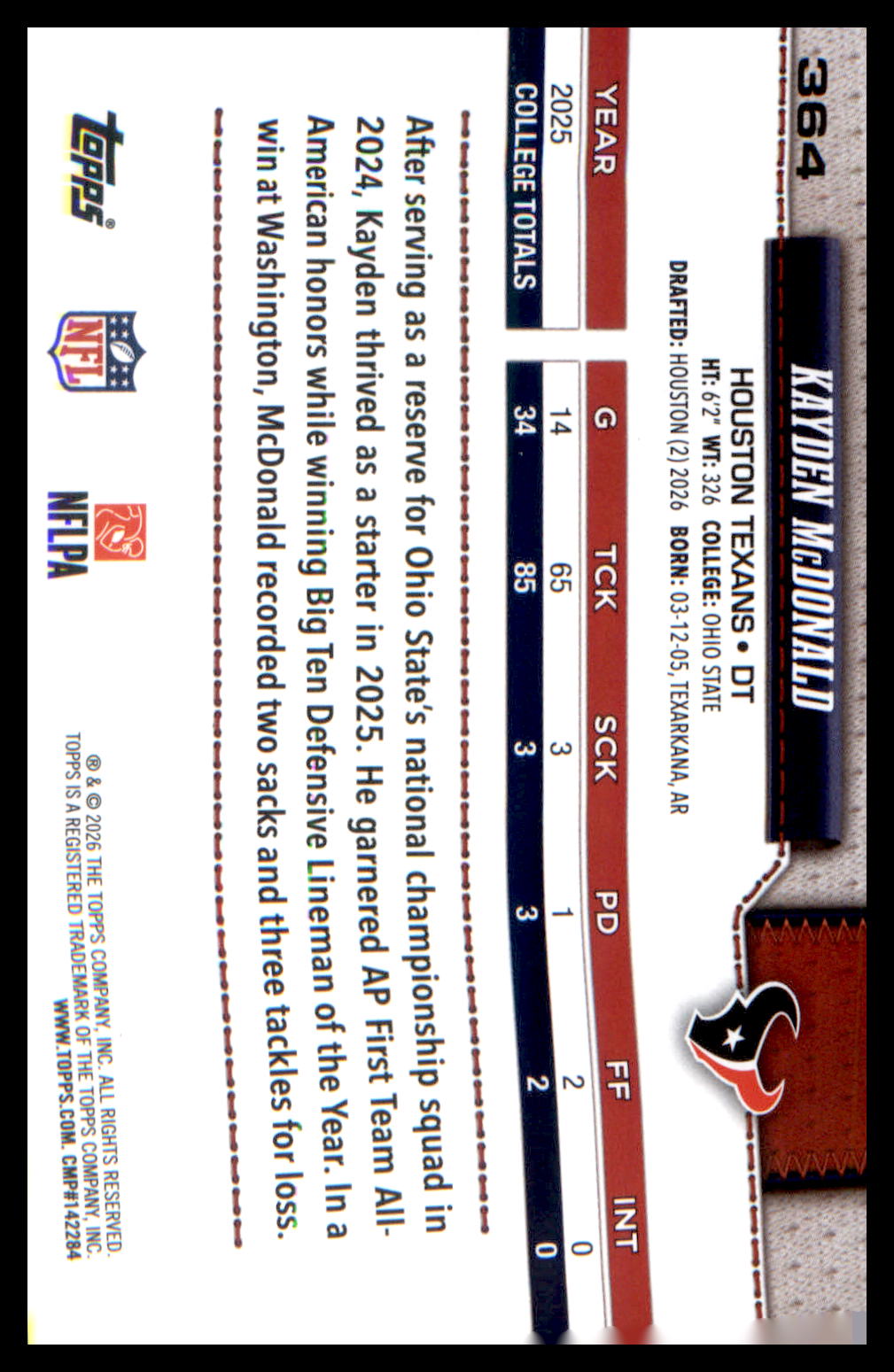 2026 Topps Flagship Rookie Card #364 Kayden McDonald