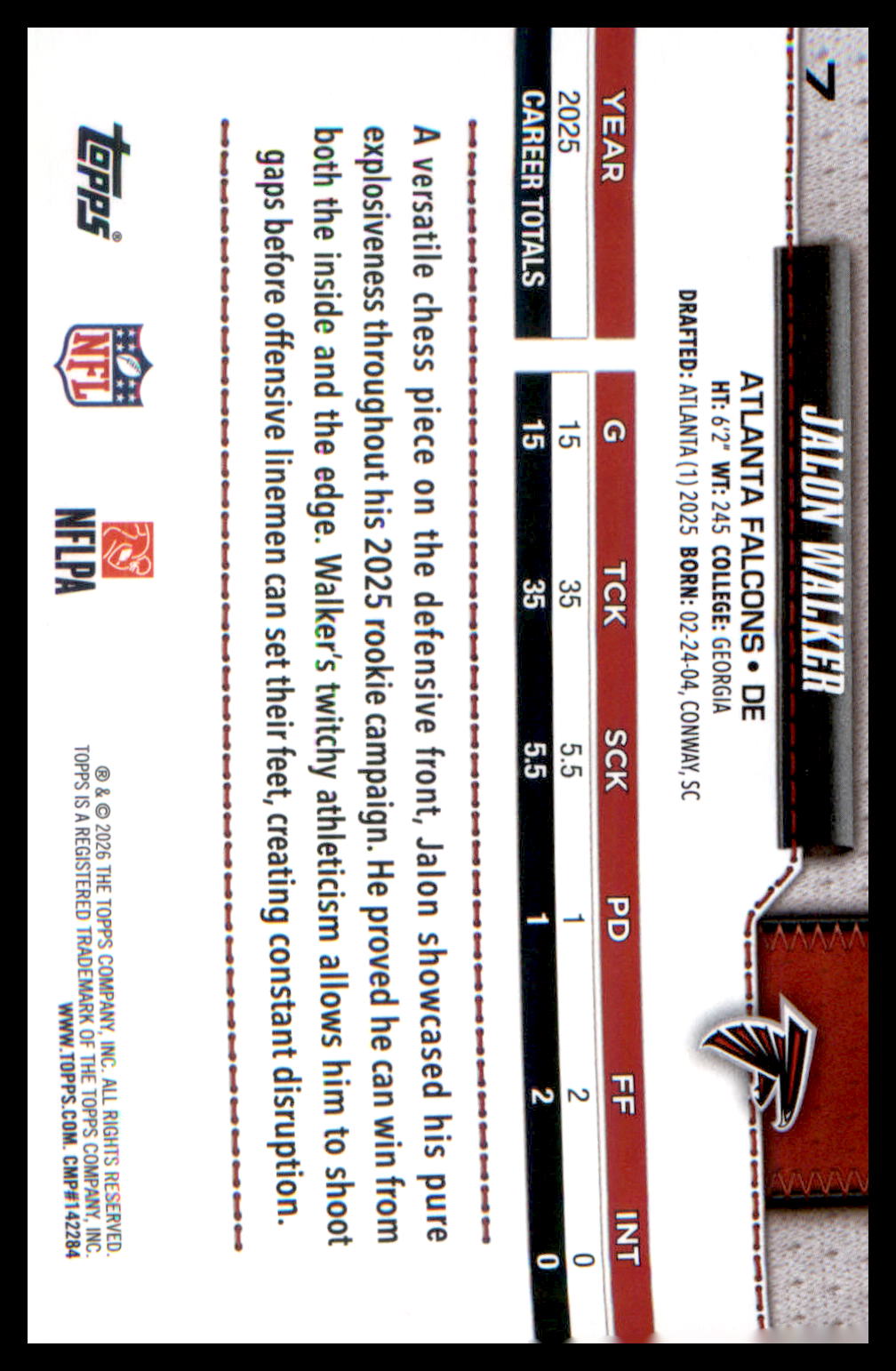 2026 Topps Flagship Football Base #7 Jalon Walker