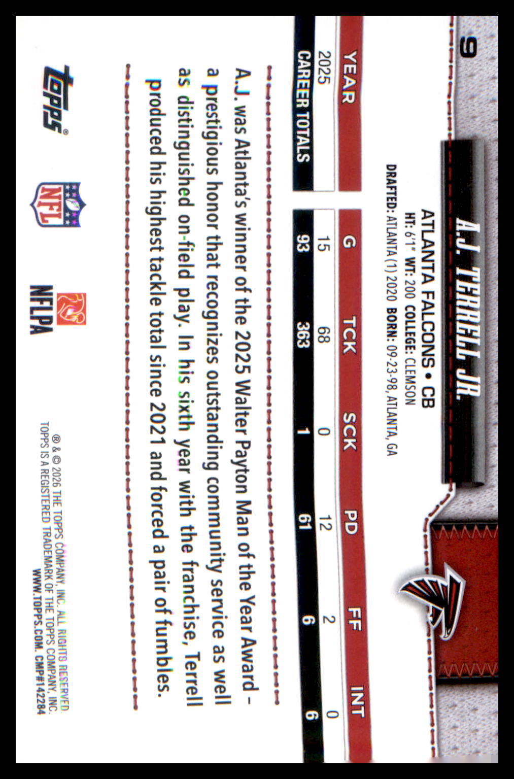 2026 Topps Flagship Football Base #9 A.J. Terrell Jr.