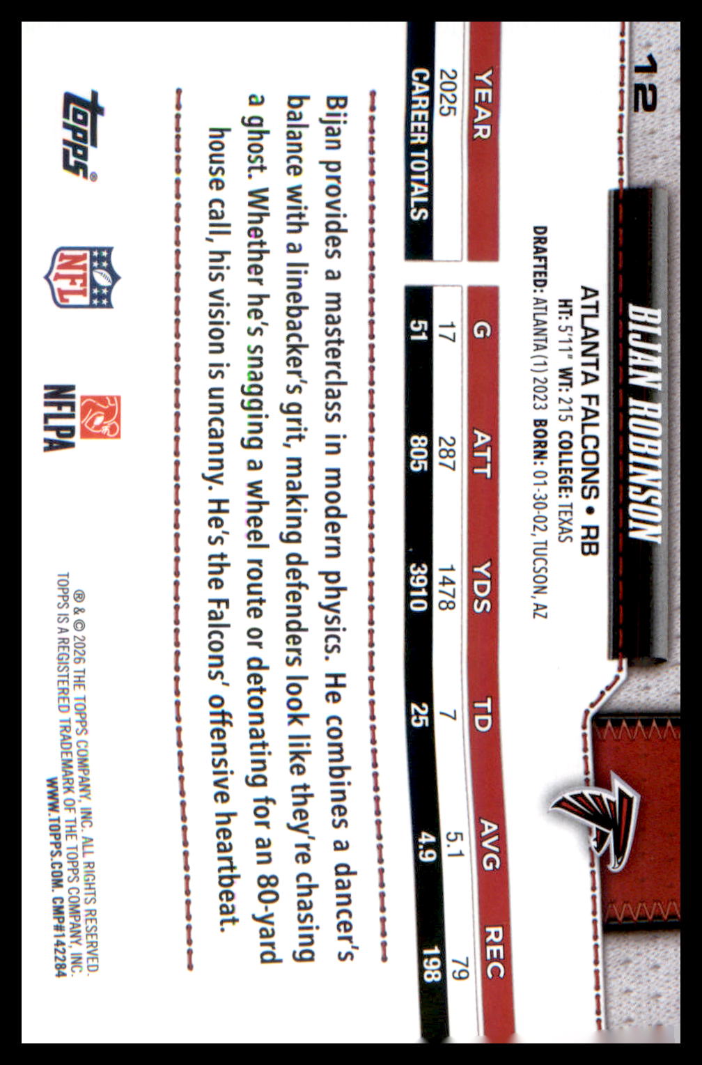 2026 Topps Flagship Football Base #12 Bijan Robinson