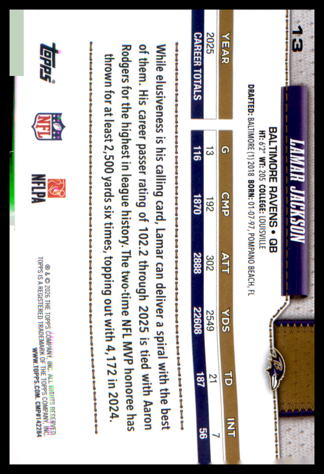 2026 Topps Flagship Football Base #13 Lamar Jackson