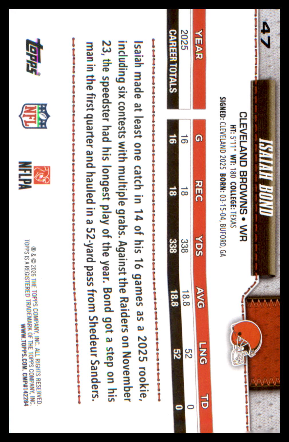 2026 Topps Flagship Football Base #47 Isaiah Bond